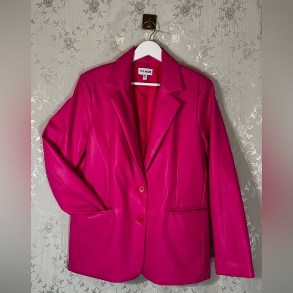 Steve Madden Faux Leather Bold & Bright Pink Blazer Jacket Medium Galentines - Picture 10 of 11
